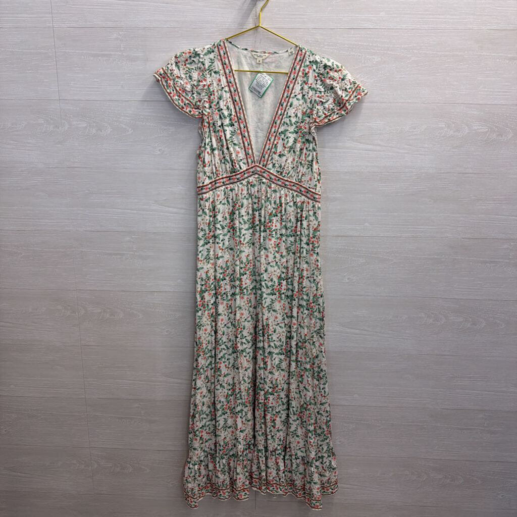 Max Studio White/ Green/ Pink Print Short Sleeve Maxi Dress Medium
