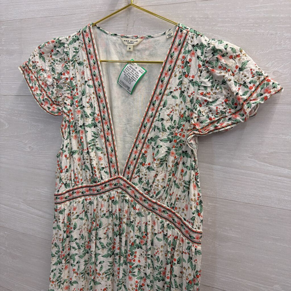 Max Studio White/ Green/ Pink Print Short Sleeve Maxi Dress Medium