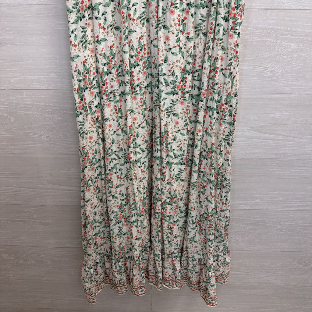 Max Studio White/ Green/ Pink Print Short Sleeve Maxi Dress Medium