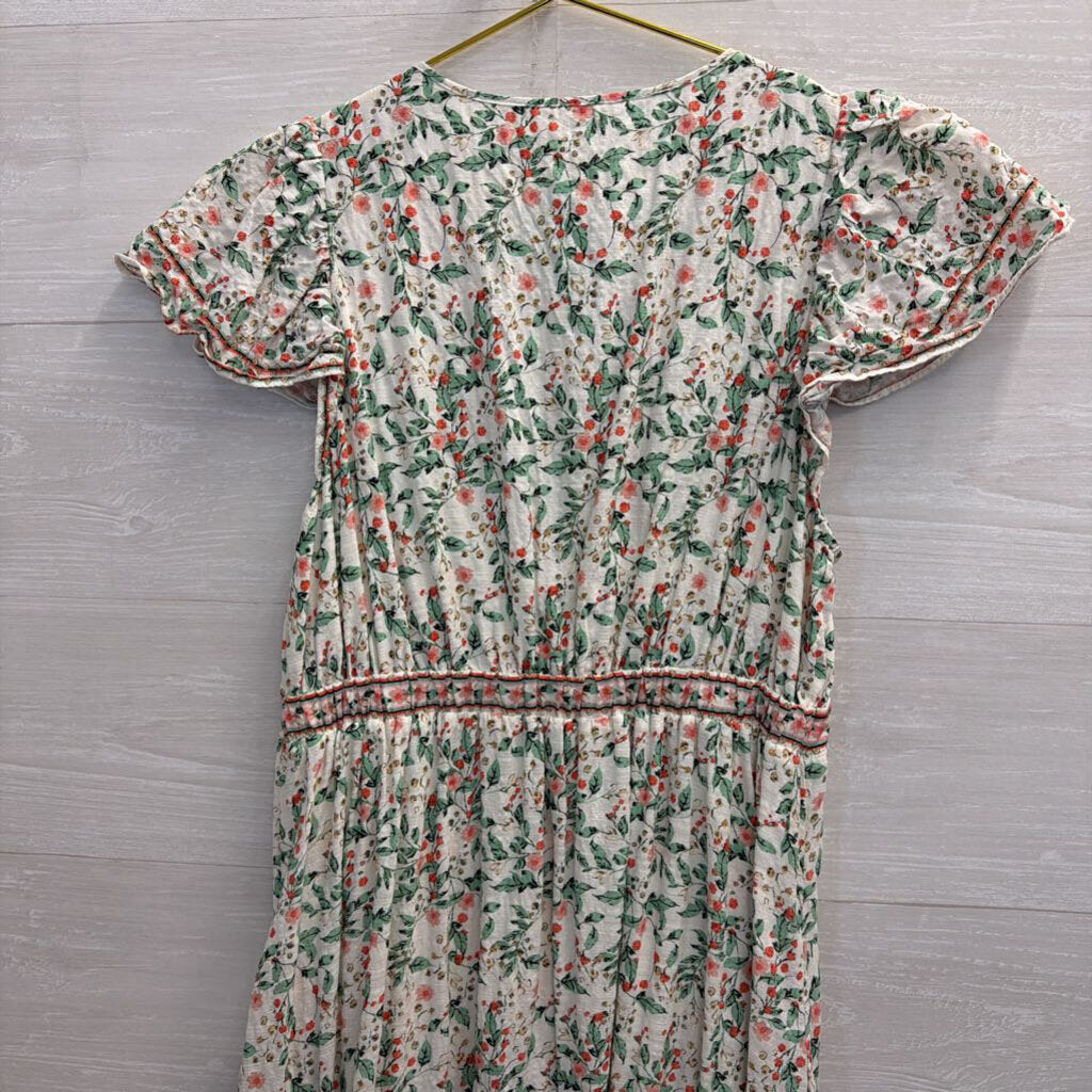 Max Studio White/ Green/ Pink Print Short Sleeve Maxi Dress Medium