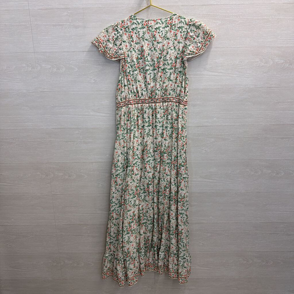 Max Studio White/ Green/ Pink Print Short Sleeve Maxi Dress Medium