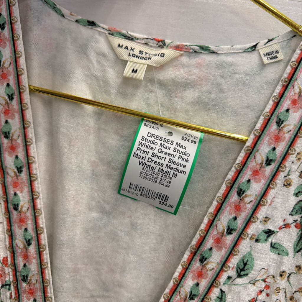Max Studio White/ Green/ Pink Print Short Sleeve Maxi Dress Medium