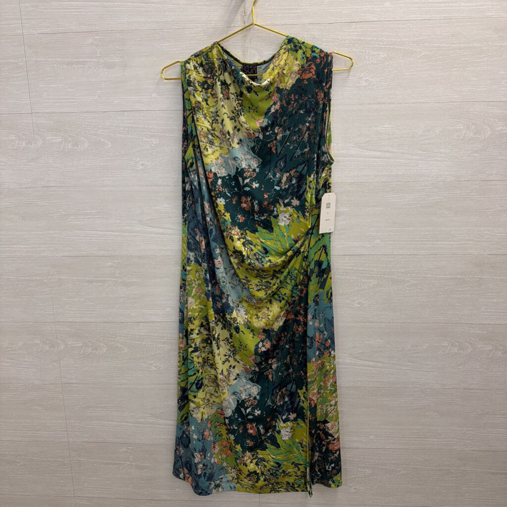 Clara Sun Woo Blue/ Green Floral Print Sleeveless Midi Dress Large