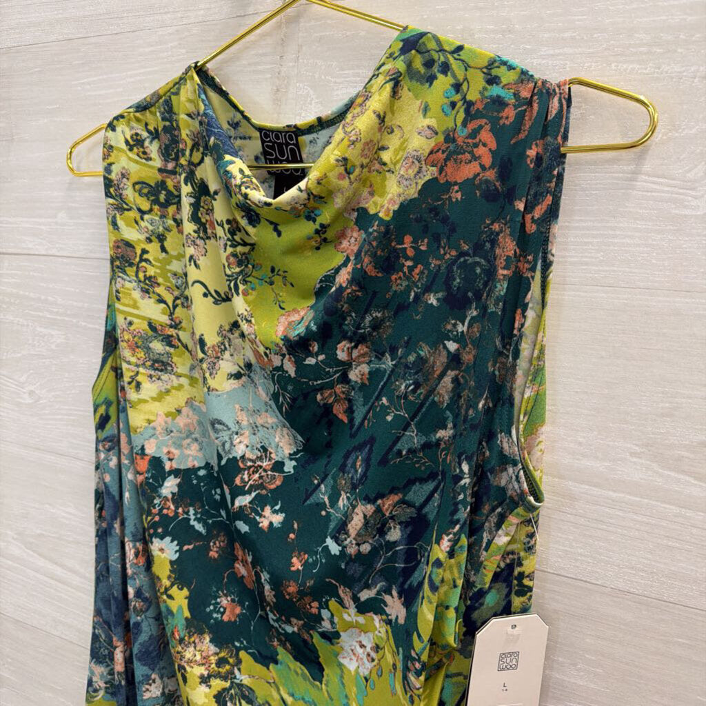 Clara Sun Woo Blue/ Green Floral Print Sleeveless Midi Dress Large