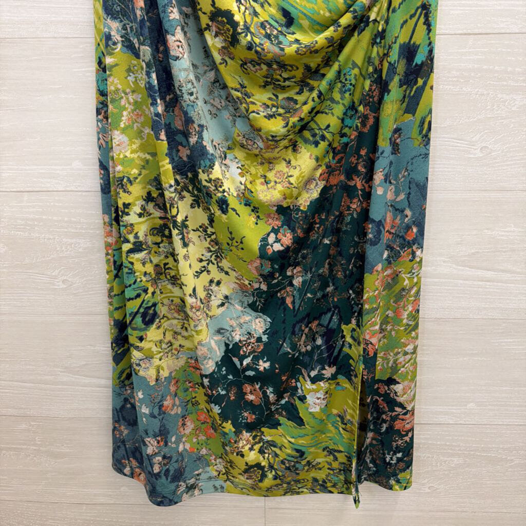 Clara Sun Woo Blue/ Green Floral Print Sleeveless Midi Dress Large