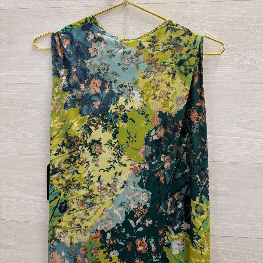 Clara Sun Woo Blue/ Green Floral Print Sleeveless Midi Dress Large