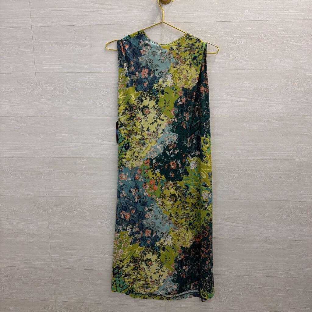 Clara Sun Woo Blue/ Green Floral Print Sleeveless Midi Dress Large
