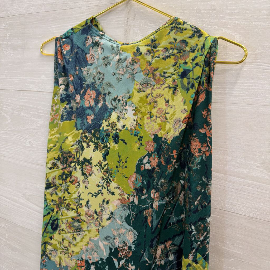 Clara Sun Woo Blue/ Green Floral Print Sleeveless Midi Dress Large