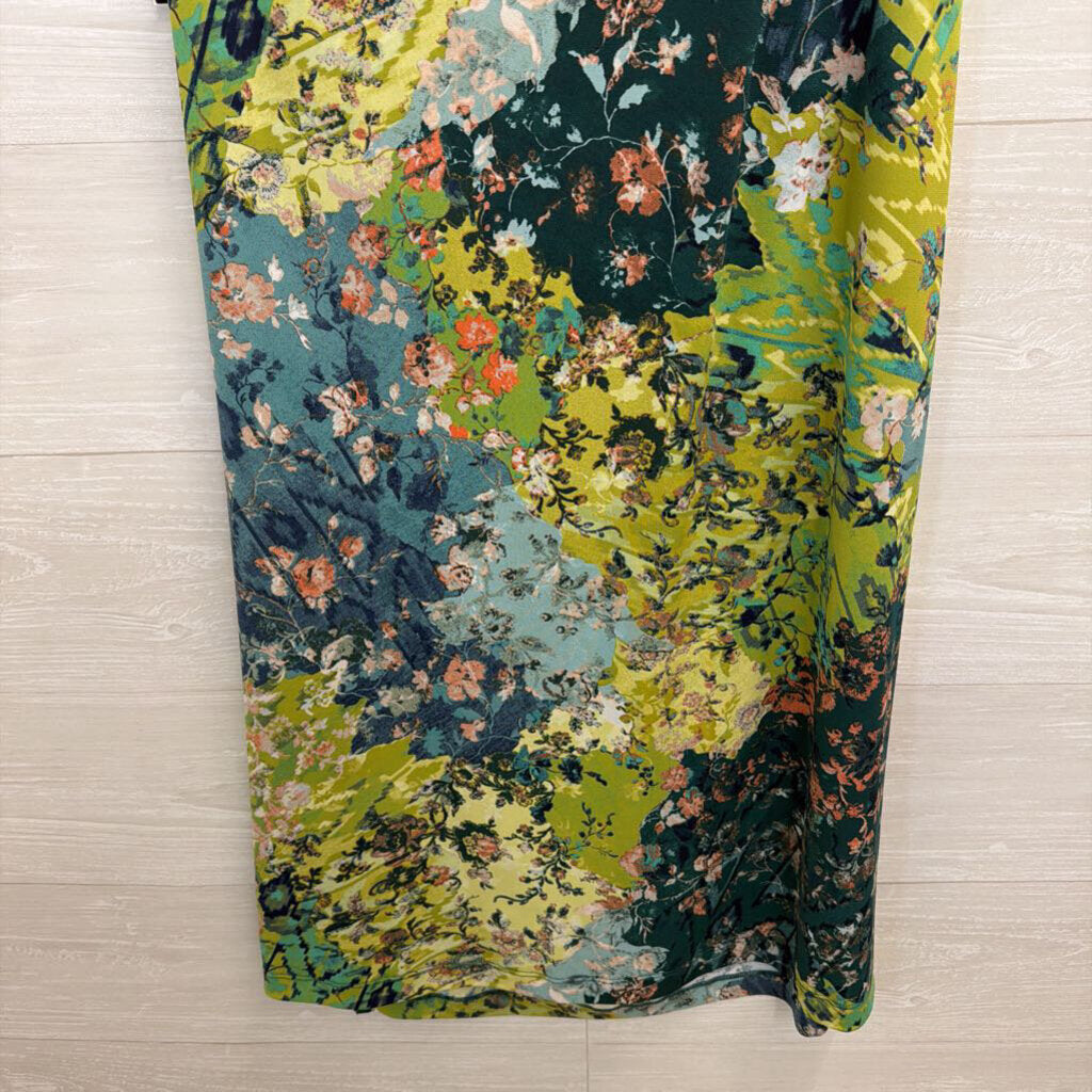 Clara Sun Woo Blue/ Green Floral Print Sleeveless Midi Dress Large