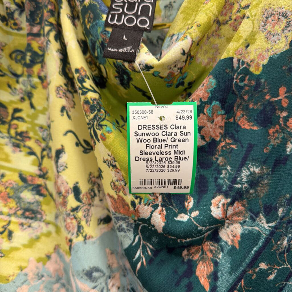 Clara Sun Woo Blue/ Green Floral Print Sleeveless Midi Dress Large
