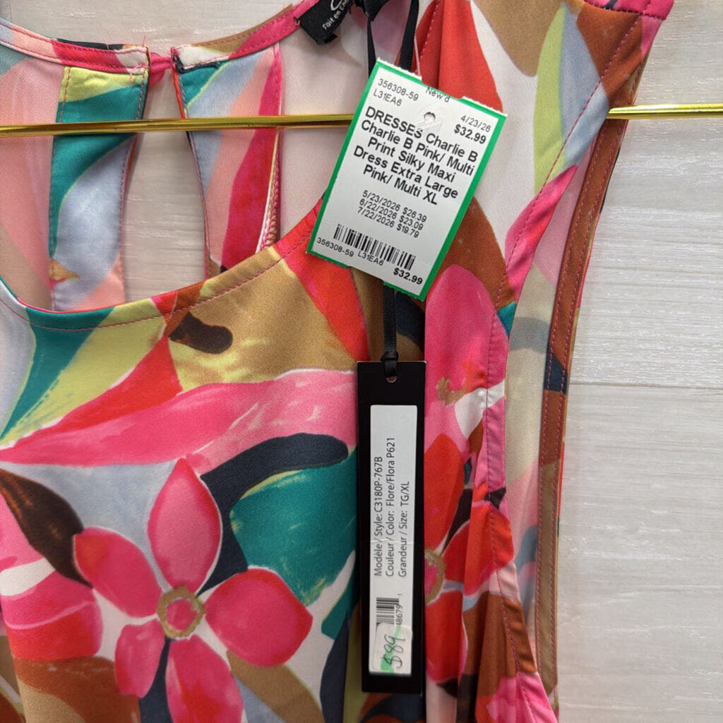 Charlie B Pink/ Multi Print Silky Maxi Dress Extra Large