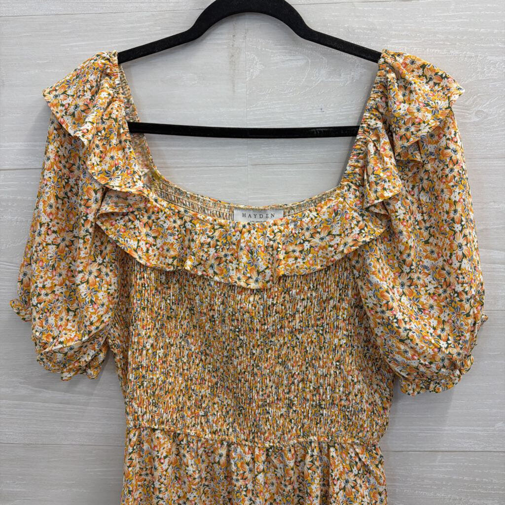 Hayden Yellow/ Multi Floral Print Short Puff Sleeve Smocked Detail Top Large