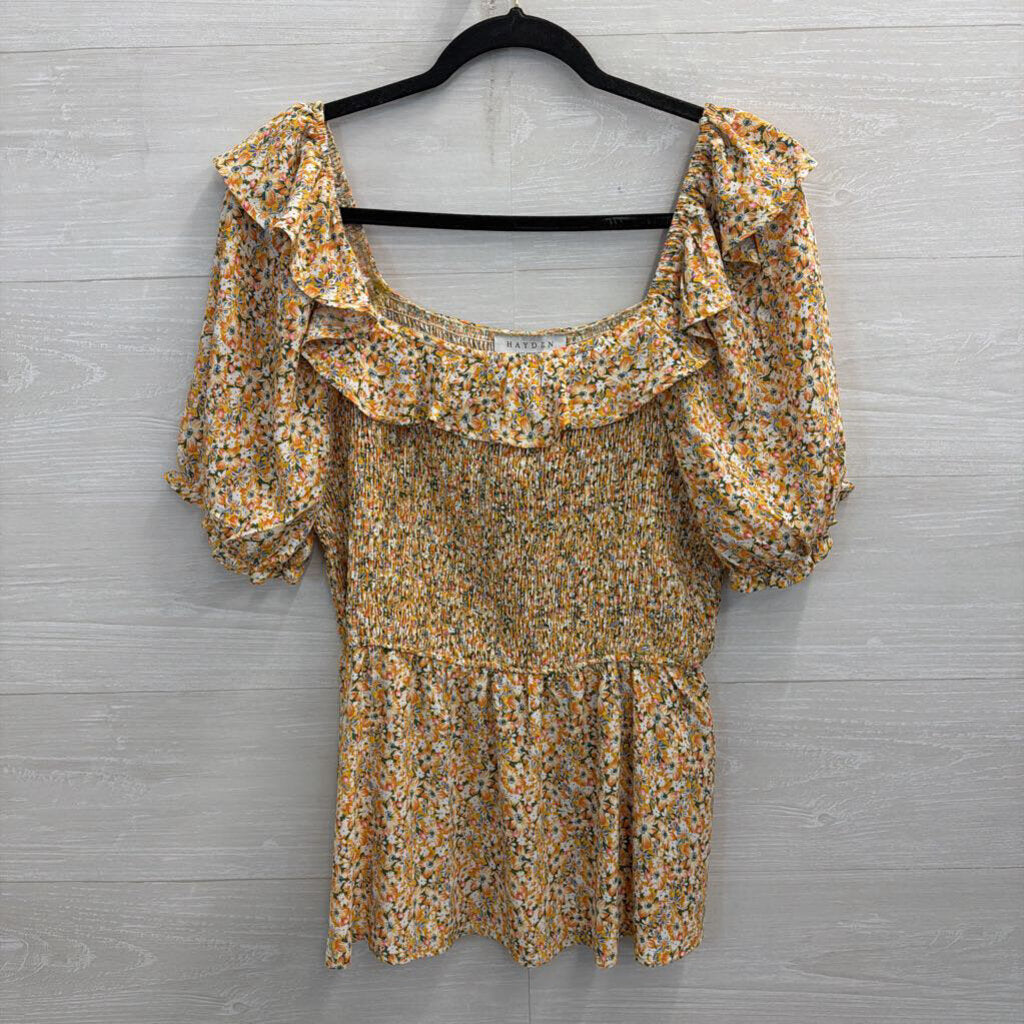 Hayden Yellow/ Multi Floral Print Short Puff Sleeve Smocked Detail Top Large
