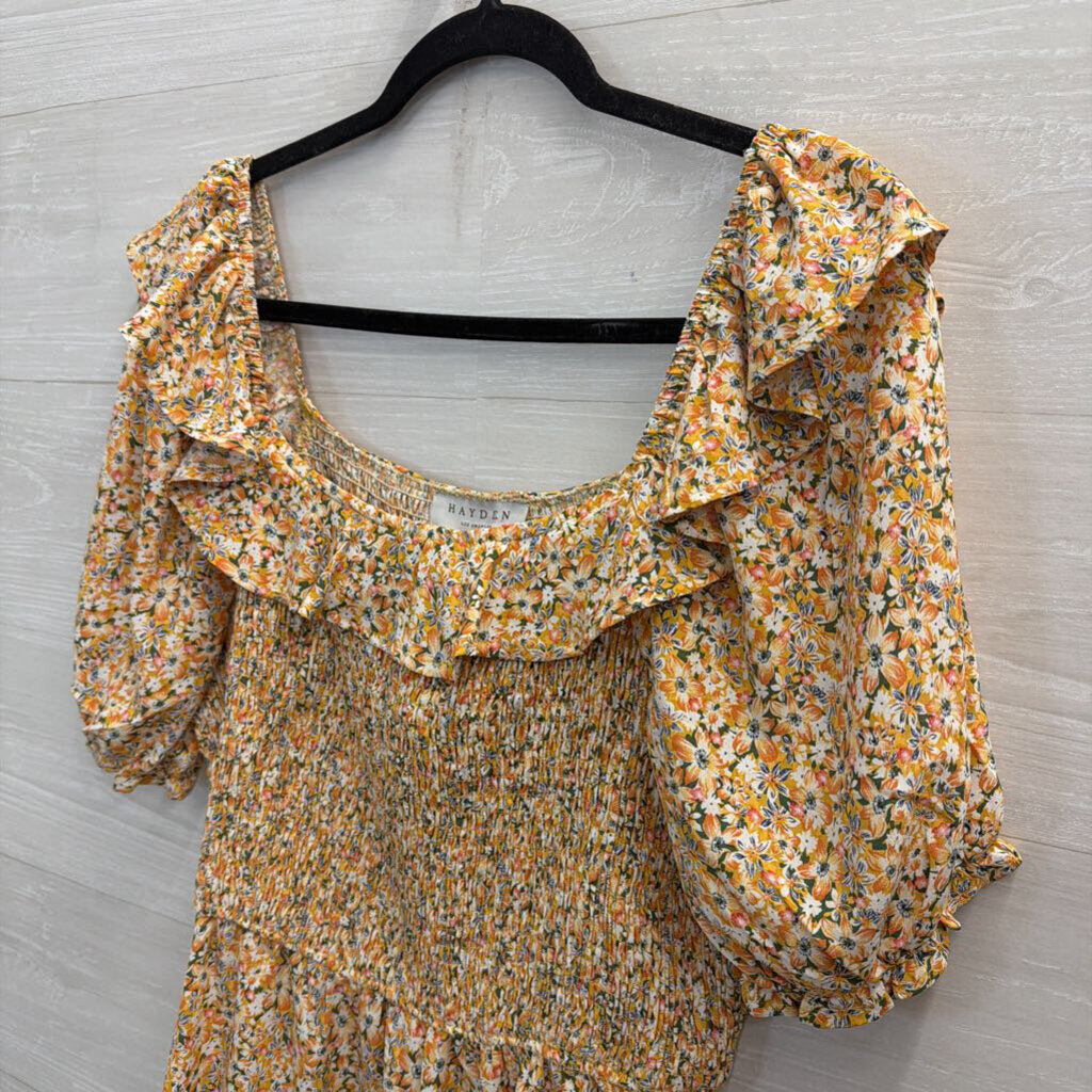 Hayden Yellow/ Multi Floral Print Short Puff Sleeve Smocked Detail Top Large