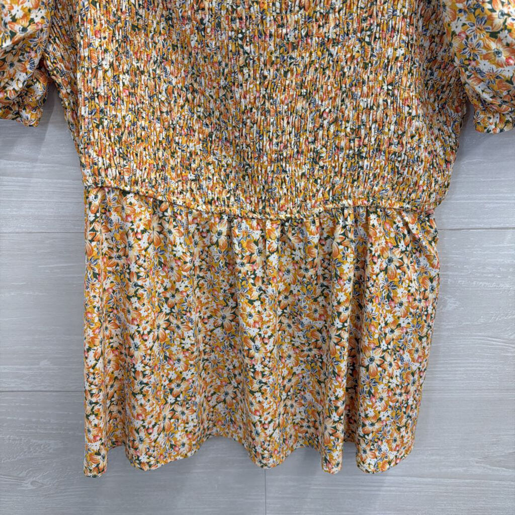 Hayden Yellow/ Multi Floral Print Short Puff Sleeve Smocked Detail Top Large