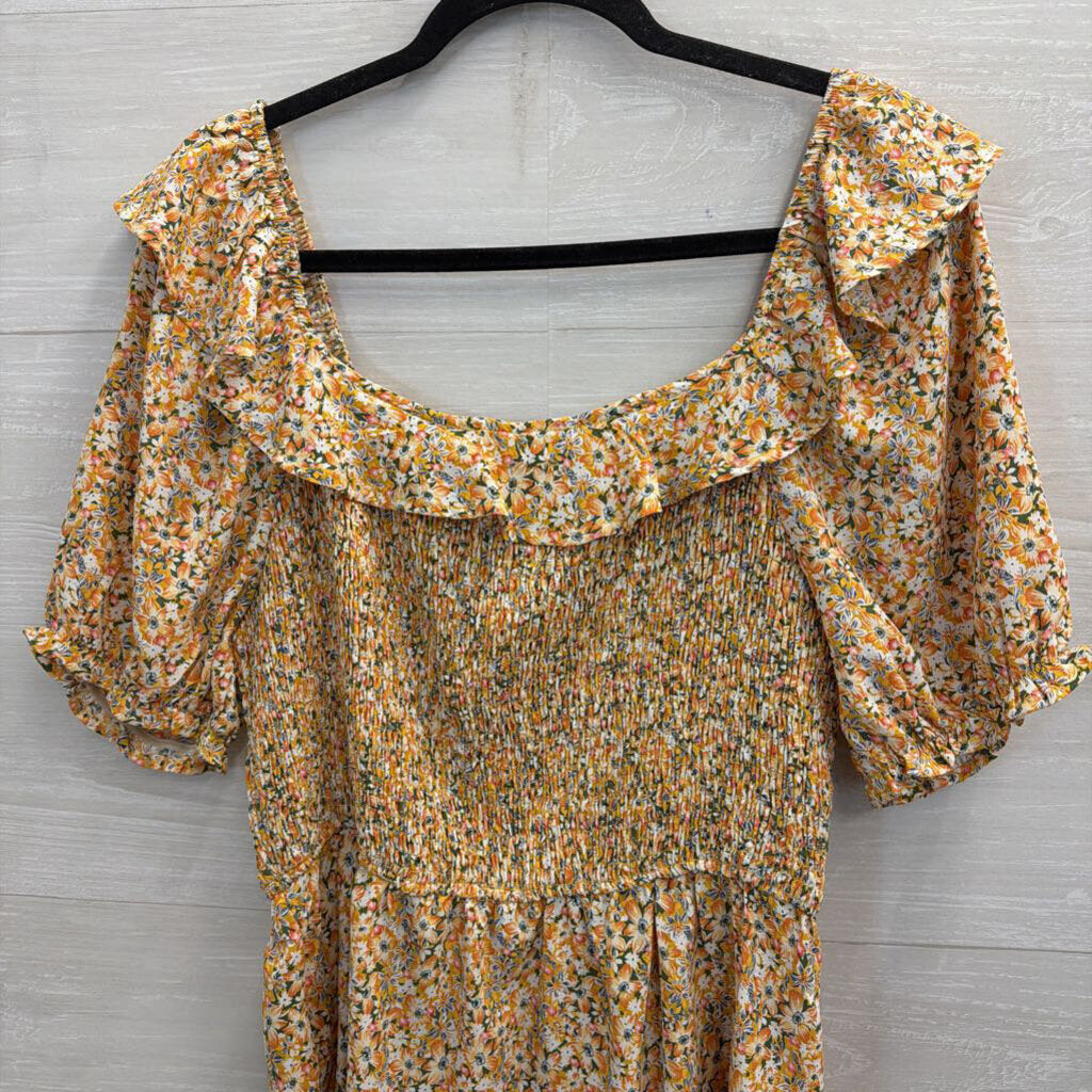 Hayden Yellow/ Multi Floral Print Short Puff Sleeve Smocked Detail Top Large