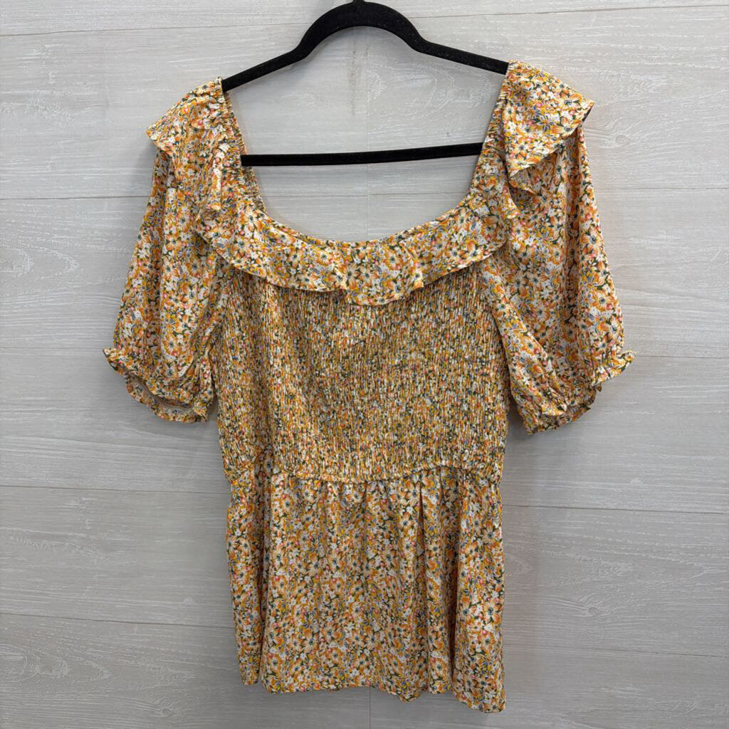Hayden Yellow/ Multi Floral Print Short Puff Sleeve Smocked Detail Top Large