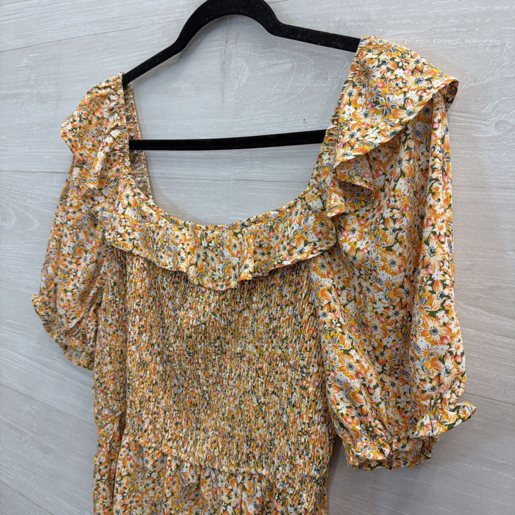 Hayden Yellow/ Multi Floral Print Short Puff Sleeve Smocked Detail Top Large