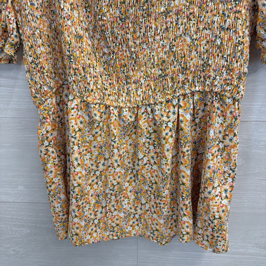 Hayden Yellow/ Multi Floral Print Short Puff Sleeve Smocked Detail Top Large