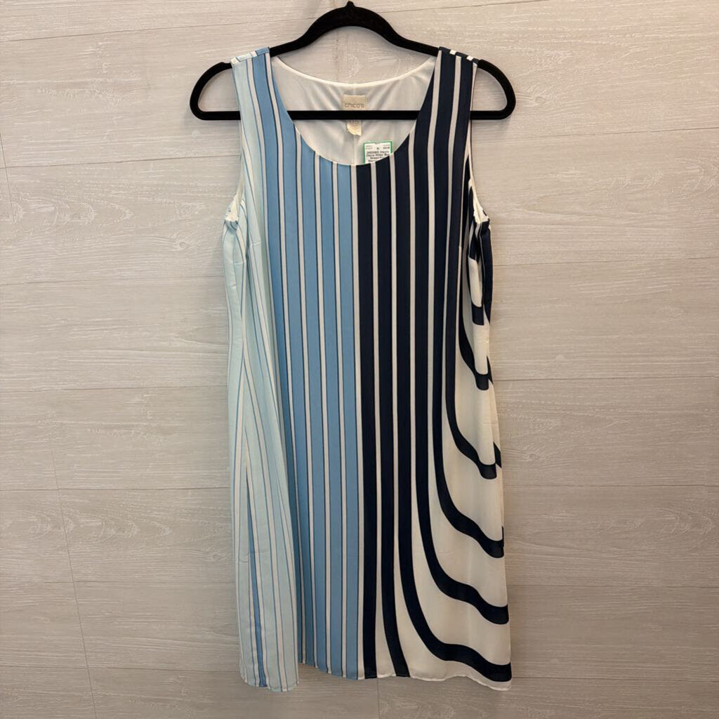 Chicos White/ Blue Striped Print Sleeveless Shift Dress Medium