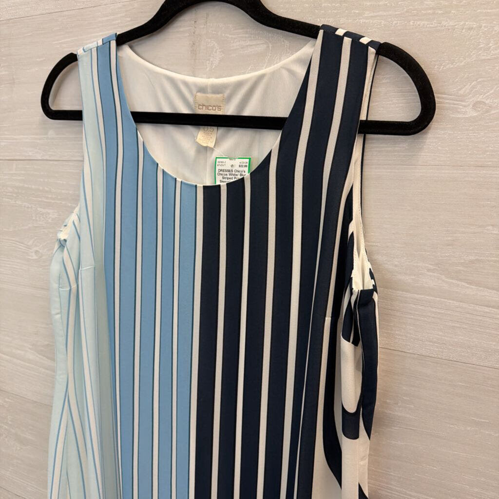 Chicos White/ Blue Striped Print Sleeveless Shift Dress Medium