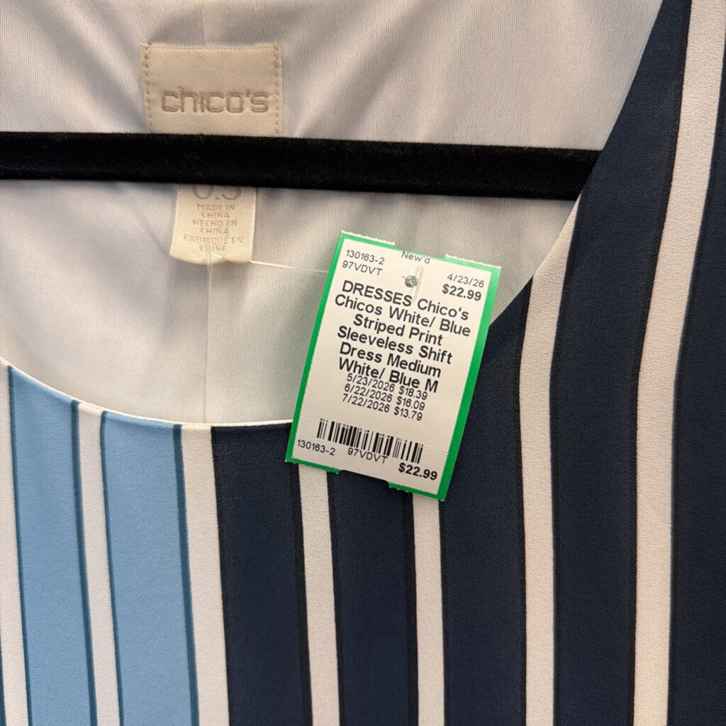 Chicos White/ Blue Striped Print Sleeveless Shift Dress Medium