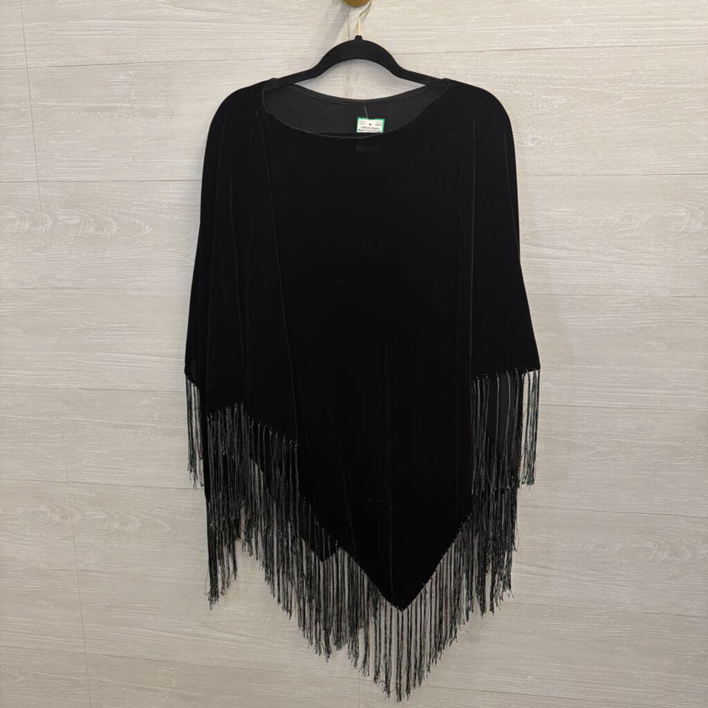 Black Velvet Fringe Hem Over The Shoulder Poncho Top One Size