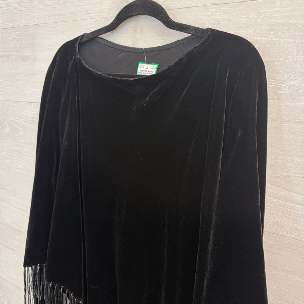 Black Velvet Fringe Hem Over The Shoulder Poncho Top One Size