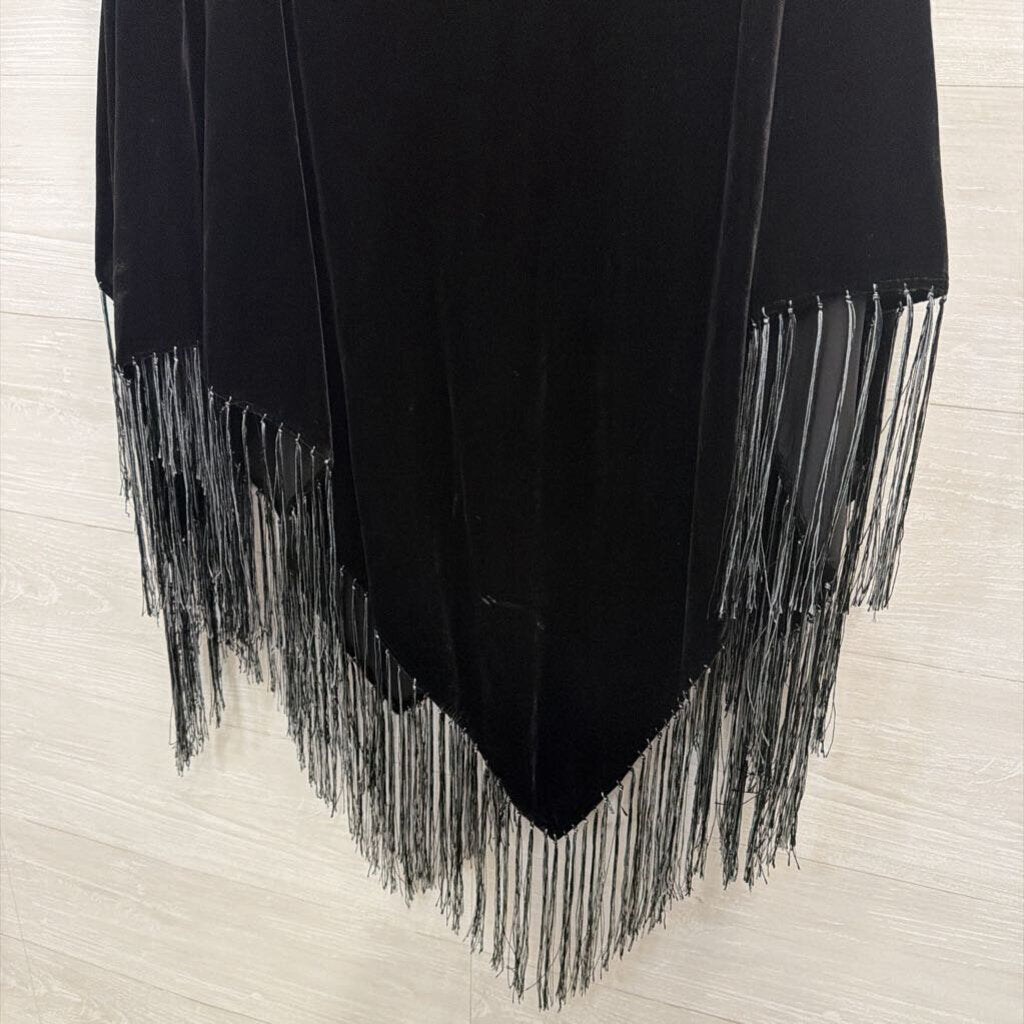 Black Velvet Fringe Hem Over The Shoulder Poncho Top One Size