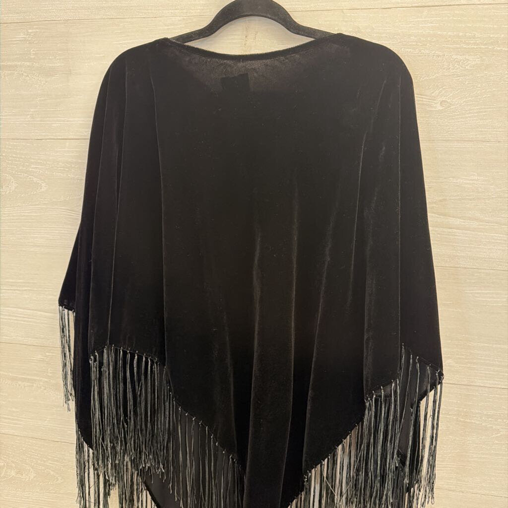 Black Velvet Fringe Hem Over The Shoulder Poncho Top One Size