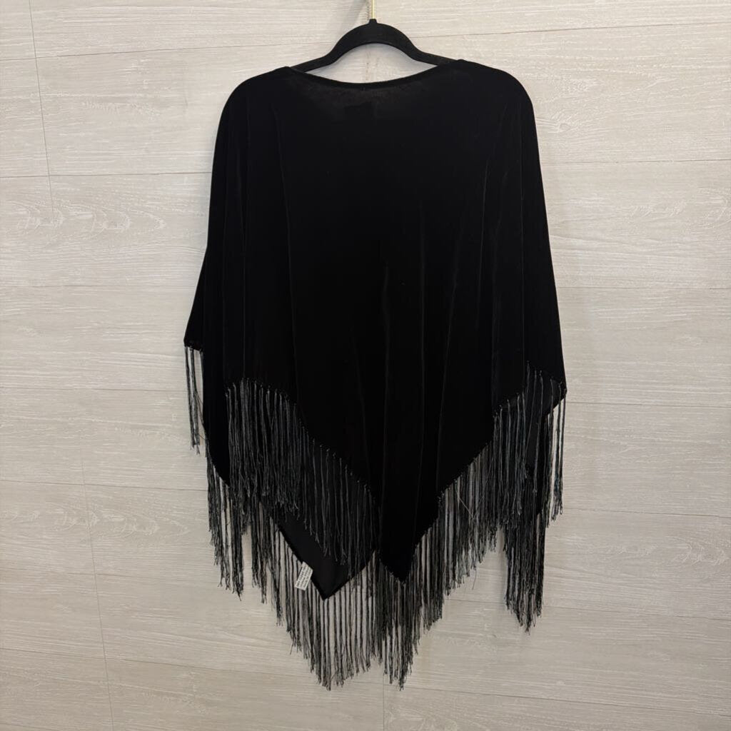 Black Velvet Fringe Hem Over The Shoulder Poncho Top One Size