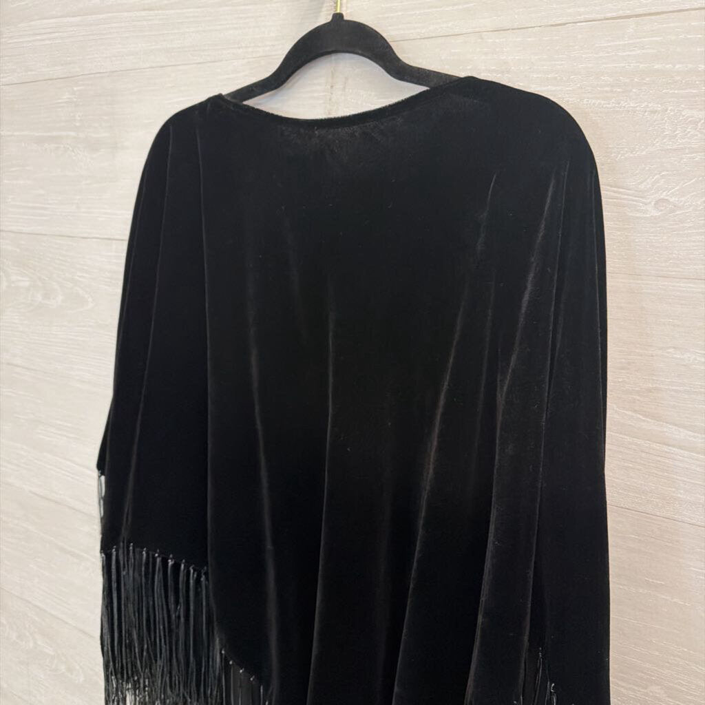 Black Velvet Fringe Hem Over The Shoulder Poncho Top One Size