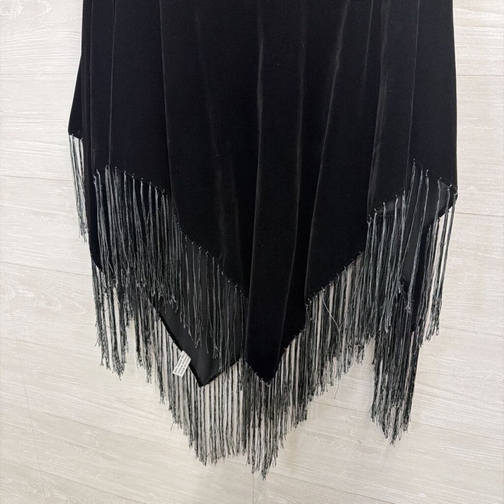Black Velvet Fringe Hem Over The Shoulder Poncho Top One Size