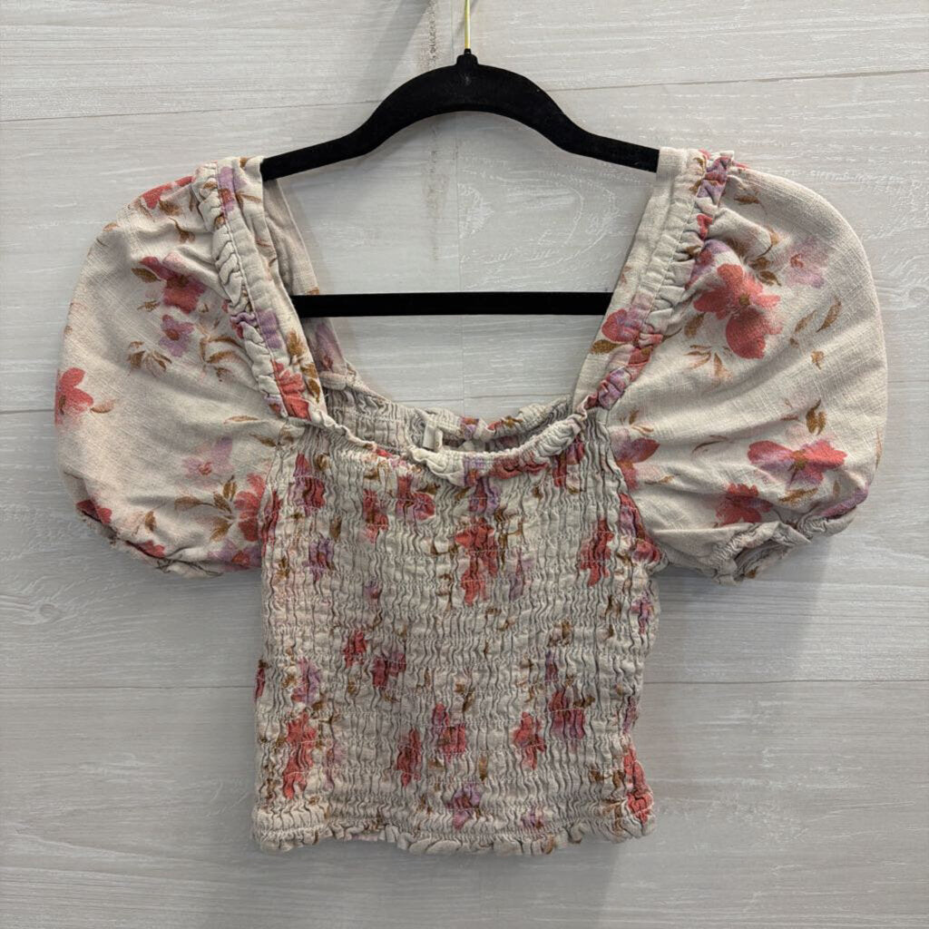 Monteau Grey/ Pink Floral Print Cropped Short Puff Sleeve Top Medium