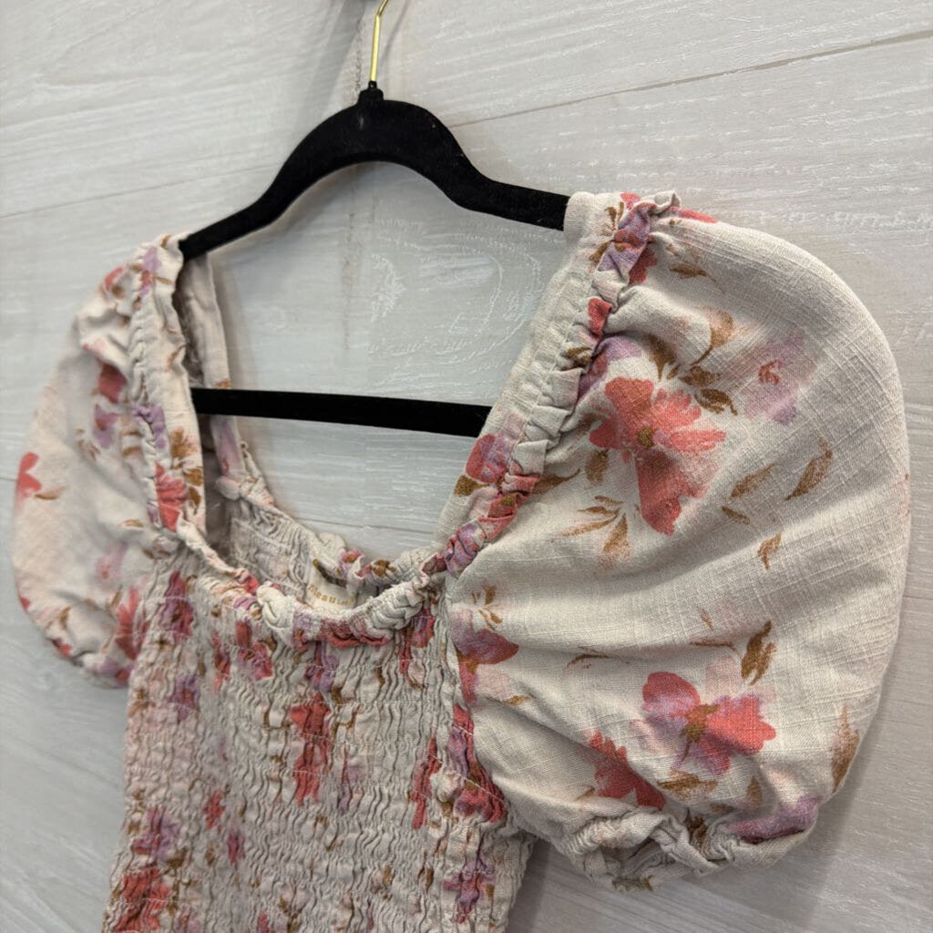 Monteau Grey/ Pink Floral Print Cropped Short Puff Sleeve Top Medium