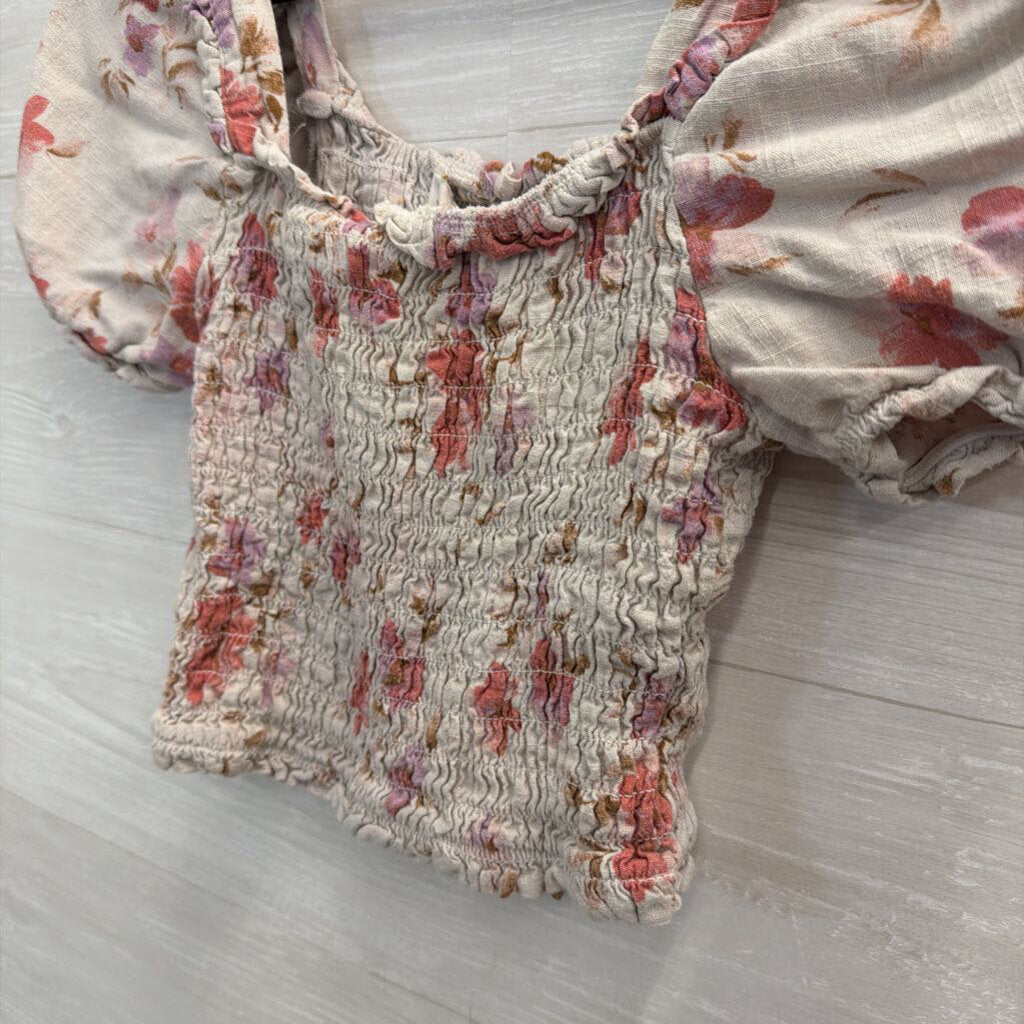 Monteau Grey/ Pink Floral Print Cropped Short Puff Sleeve Top Medium