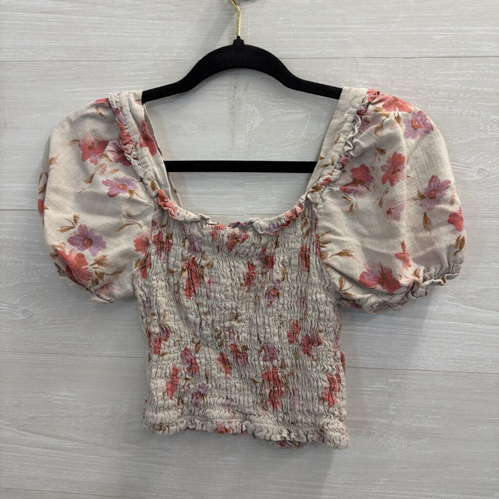 Monteau Grey/ Pink Floral Print Cropped Short Puff Sleeve Top Medium