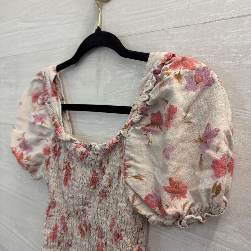 Monteau Grey/ Pink Floral Print Cropped Short Puff Sleeve Top Medium