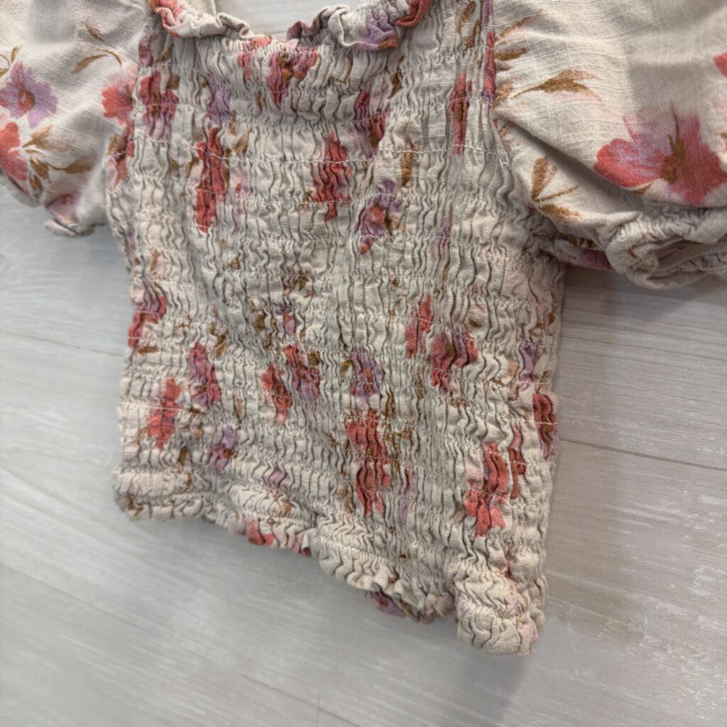Monteau Grey/ Pink Floral Print Cropped Short Puff Sleeve Top Medium