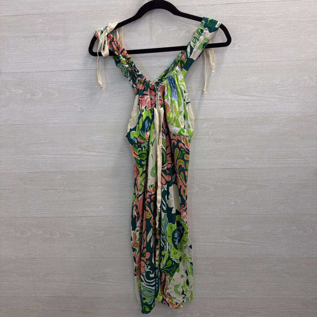 Take'c White/ Multi Print Zip Front Sleeveless Tie Front Dress Small