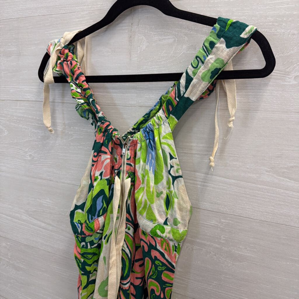 Take'c White/ Multi Print Zip Front Sleeveless Tie Front Dress Small