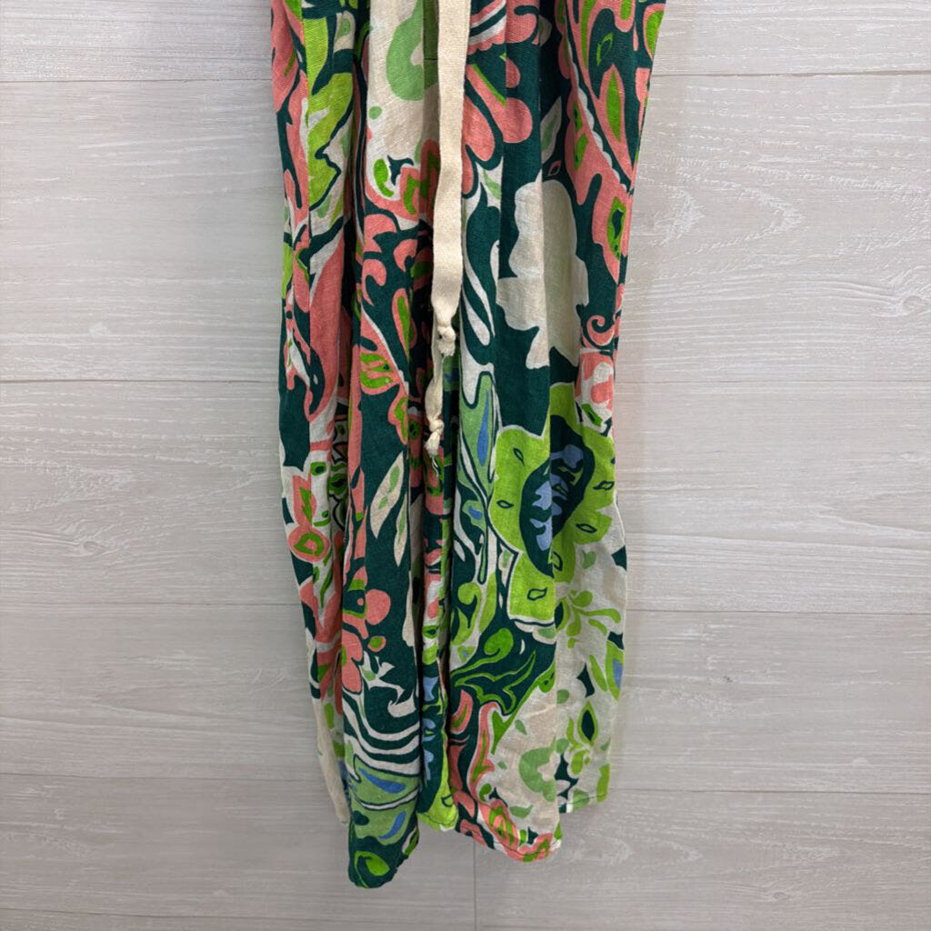 Take'c White/ Multi Print Zip Front Sleeveless Tie Front Dress Small