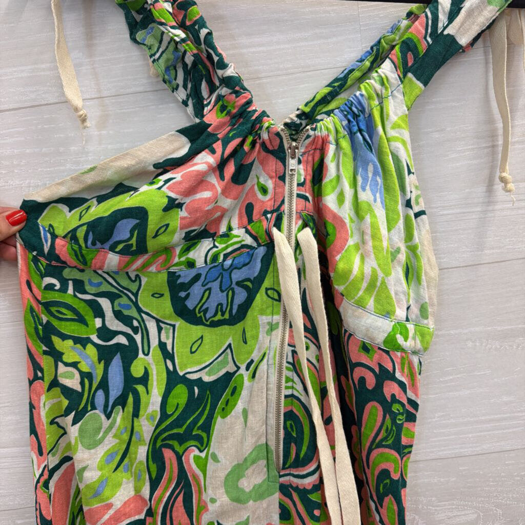 Take'c White/ Multi Print Zip Front Sleeveless Tie Front Dress Small