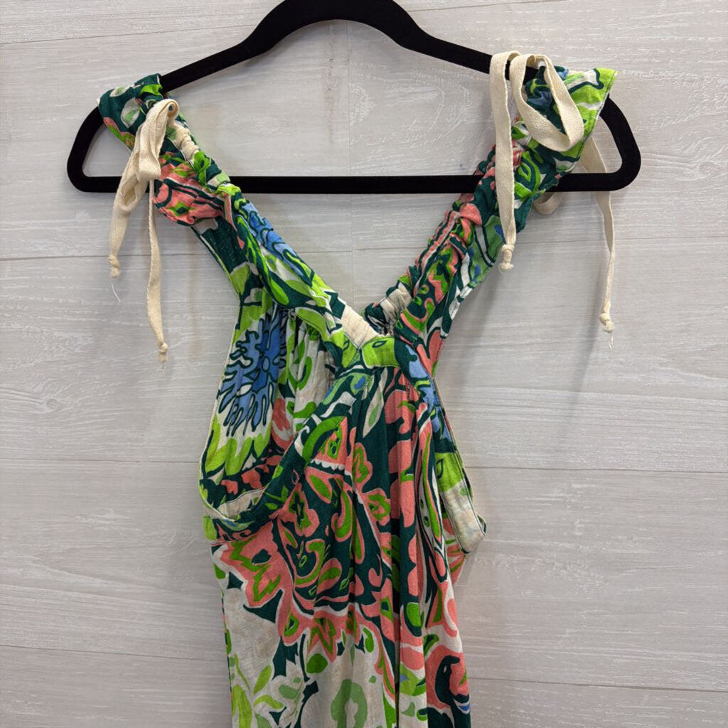 Take'c White/ Multi Print Zip Front Sleeveless Tie Front Dress Small