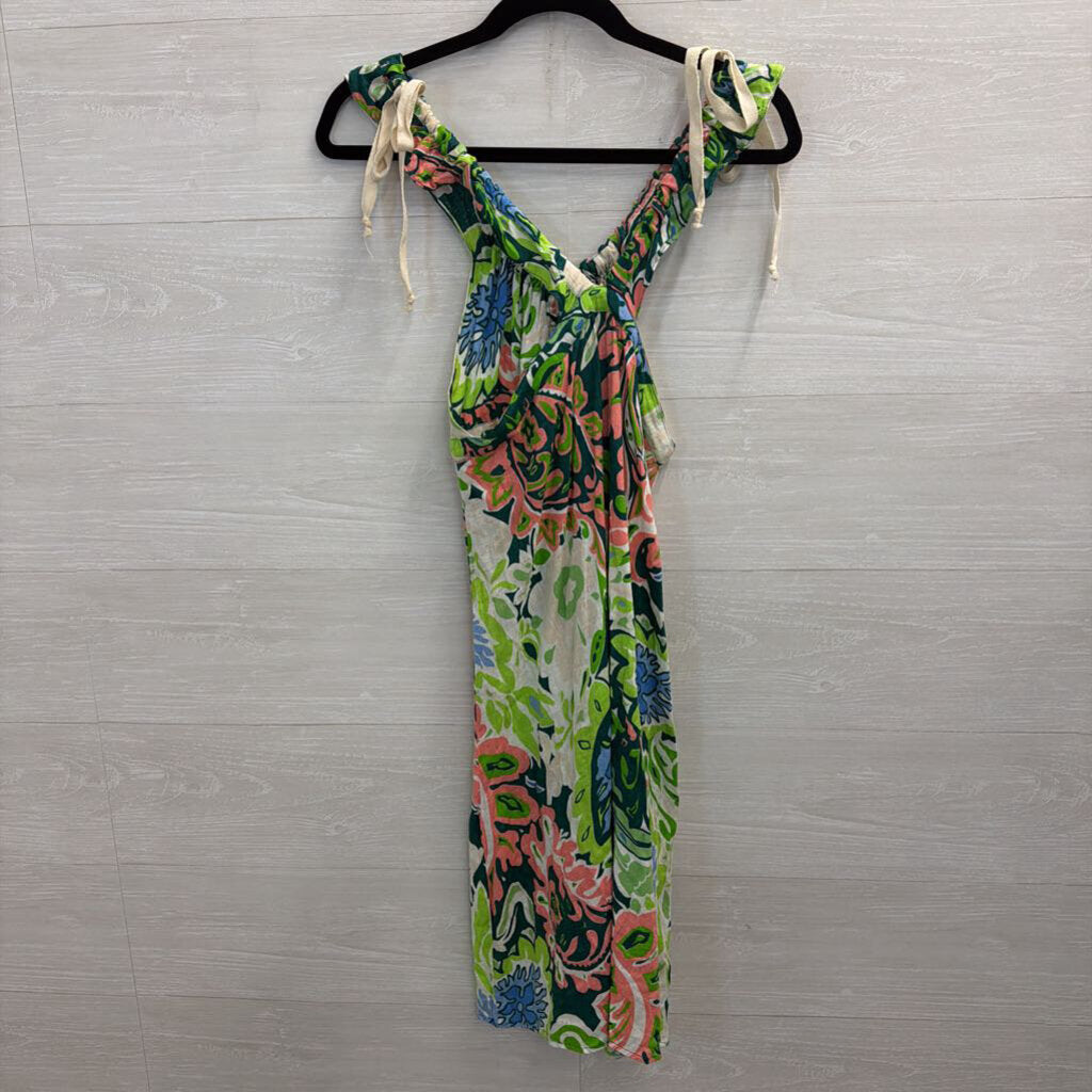 Take'c White/ Multi Print Zip Front Sleeveless Tie Front Dress Small