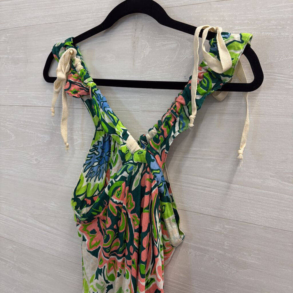 Take'c White/ Multi Print Zip Front Sleeveless Tie Front Dress Small