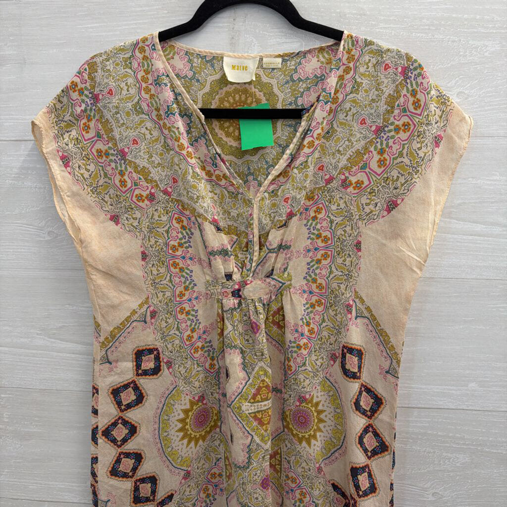 Maeve Pink/ Multi Print 100% Silk Short Sleeve Shift Dress XXS Petite