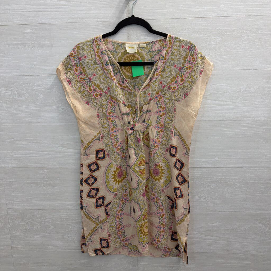 Maeve Pink/ Multi Print 100% Silk Short Sleeve Shift Dress XXS Petite