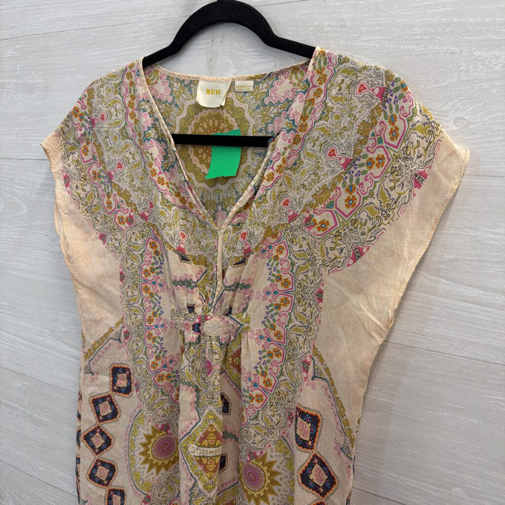 Maeve Pink/ Multi Print 100% Silk Short Sleeve Shift Dress XXS Petite