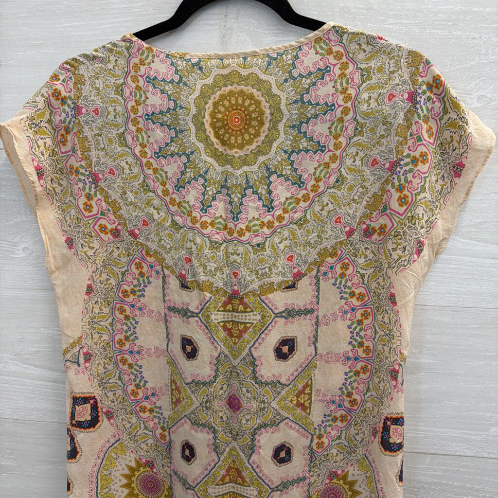 Maeve Pink/ Multi Print 100% Silk Short Sleeve Shift Dress XXS Petite
